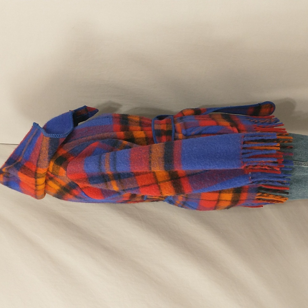Vintage Bright Wool Wrap Jacket Plaid Blanket Coat Hooded Pockets Fringe Edge - Picture 3 of 16